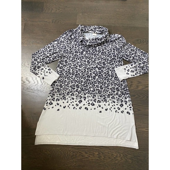 Soma Womens Tunic Top Gray Leopard Print Funnel Neck Soft Jersey ~L - Picture 5 of 5